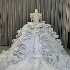 Robes de mariée modernes style robe de bal avec appliques en dentelle, imprimé floral, manches longues, traîne chapelle, longueur ras du sol, dos nu pour LSOY011 - Product Image 2