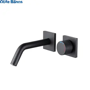 2023 Bathroom Double Three Hole In-wall Hot And Cold Black Copper Faucet Water Tap Bathroom Basin Faucets Mixer