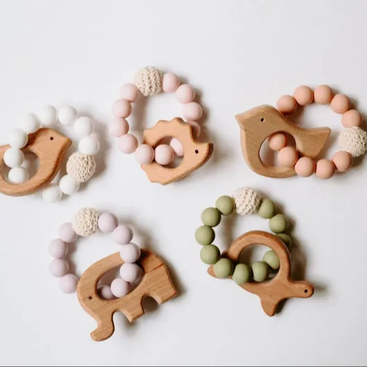 Custom Silicone Teething Ring Baby Chewable Wooden Beech Animal Teether Ring