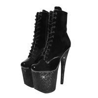 Chaussures de pole dance à talon plein de diamants de 20 cm, dessus en PU, semelle extérieure en caoutchouc, design ergonomique, lacets, bottes d'hiver solides, plus stables
