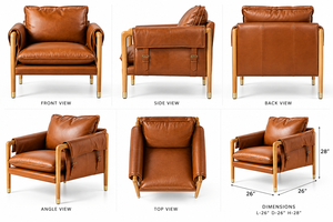 เก้าอี้พักผ่อนหนัง Cognac ดีไซน์เนอร์ พร้อมที่วางแขนทองเหลืองขัดเงา ที่พักแขนโค้งมน และการตกแต่งหุ้มเบาะอย่างหรูหรา สำหรับห้องนั่งเล่น - Product Image 2