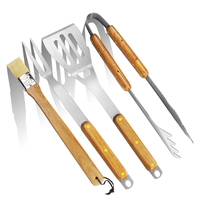 Accessoires de barbecue en bois de caoutchouc et acier inoxydable, ensemble de 4 outils de barbecue avec spatule, fourchette, pinces, brosse à barbecue