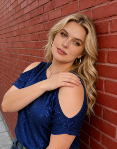 Women's Plus Size Solid Royal Blue <b>Sequin</b> Knitted Casual Summer Shoulder <b>Top</b> Loose O-Neck Short Sleeve Blouse - Product Image 2