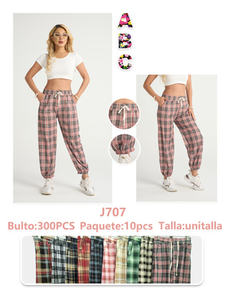 J707 Pantaloni Harem da Donna in Flanella a Quadri, Vita Alta, Vestibilità Ampia, Lunghezza Intera, con Coulisse, Casual, in Cotone, per Autunno, con Tasche - Product Image 1