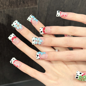 <span class=keywords><strong>Uñas</strong></span> Postizas Cortas con Diseño <span class=keywords><strong>de</strong></span> Flores 3D Coloridas y Estampado <span class=keywords><strong>de</strong></span> Vaca, Estilo Francés - Product Image 2