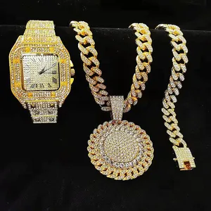3pcs Iced Out Necklace Bracelet Watches Rhinestone 13MM Miami Cuban Chains Pendants Bling Bling Gold Watch for Men Jewelry Set