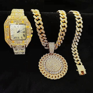 3 uds Iced Out collar pulsera Relojes Rhinestone 13MM Miami cadenas cubanas colgantes Bling <span class=keywords><strong>reloj</strong></span> de <span class=keywords><strong>oro</strong></span> <span class=keywords><strong>para</strong></span> hombres conjunto de joyería - Product Image 1