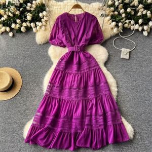 Neue Elegante Kleider mit Ausschnitten Retro Puffärmel Hohe Taille A-Linie Damenkleid O-Ausschnitt Damenmode - Product Image 5
