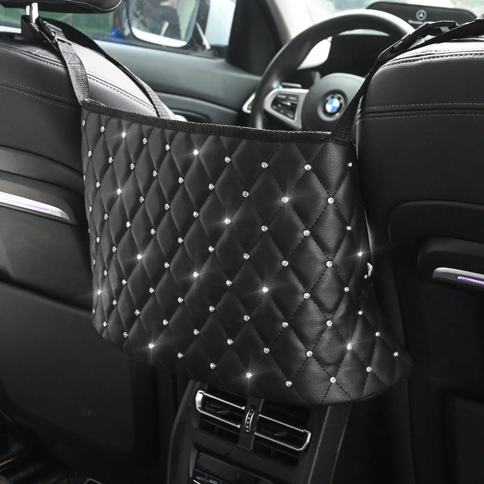 Sac de rangement, filet suspendu en cuir PU, diamant, accessoires d'intérieur de voiture, sac de rangement, en stock