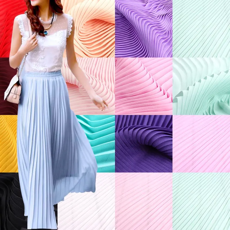 RTS Factory price solid dyed accordion pleating polyester pleated chiffon fabric for dress