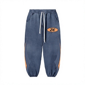 Pantalon de jogging léger en twill ZAINI ZI-145 380 GSM pour homme, bleu printemps avec empiècements latéraux orange, logo personnalisé OEM ODM - Product Image 1