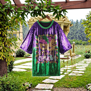 Robe Tunique Décontractée Ample et Respirante pour le Mardi Gras, Motif Floral Pailleté Violet, Vert et Or, Écologique - Product Image 3