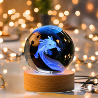 Boule de cristal fantaisie JIADA, petite lampe de nuit, gravure laser 3D, axolotl, rose, lune, planète, galaxie avec lumière LED en bois, décoration d'intérieur