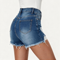 Celana Pendek Denim Wanita High Waist Distressed Raw Hem Vintage Biru Kasual Musim Panas OEM ODM Pabrik