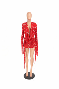 Viviblook Z409DS Robe d'été sexy pour femme, dos nu, froncée, manches longues, imprimé pois, décolleté plongeant, mini-robe moulante de soirée - Product Image 2