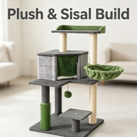Arbre à chat avec coussin en peluche gris, poteaux à gratter en sisal, plateformes rembourrées et hamac suspendu latéral pour chats d'intérieur