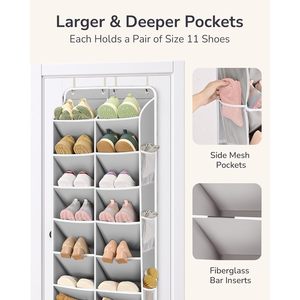 Organisateur de chaussures à suspendre sur la porte, 16 poches, gris, rangement gain de place pour bottes et chaussures, utilisation sur la porte du placard - Product Image 3