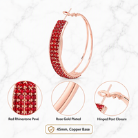 Boucles d'oreilles créoles en or rose avec strass rouges 45 mm, pavé de cristaux, en cuivre électroplaqué, 3 rangs, bijoux de gros pour femmes