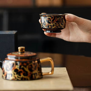 ชุดของขวัญเซรามิกลายมังกรสีดำทองแบบดั้งเดิมสำหรับโต๊ะในบ้านสำนักงานชุดชาและกาแฟ - Product Image 2