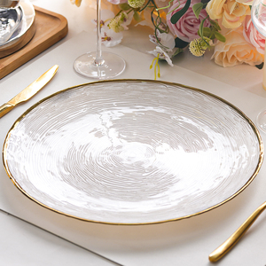 Placas de cargador de vidrio blanco azul a granel ecológicas con <span class=keywords><strong>vajilla</strong></span> de borde dorado para platos inferiores para fiestas de boda - Product Image 4