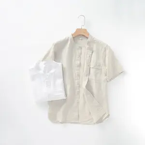 Eco Friendly 100% Breathable Loose Cotton And Linen Shirts Fit White Short Sleeve Latest Shirt Designs Shirts For Men