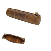 Étui à crayons en cuir véritable artisanal vintage en cuir de vache avec fermeture à glissière longue pour l'école et le bureau