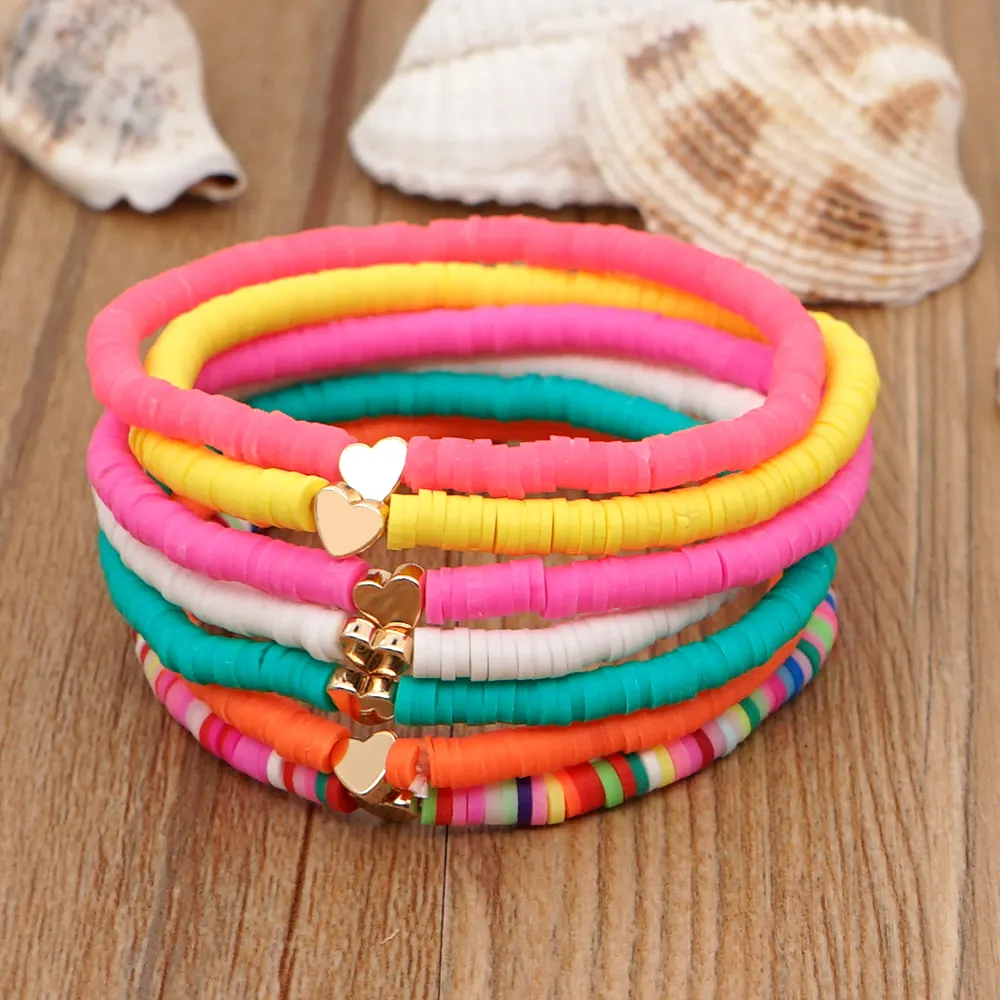 2024 Heart Shape Beach Surfing Polymer Clay Elastic Boho Quality Fashion Jewelry Beaded Woman Bracelet