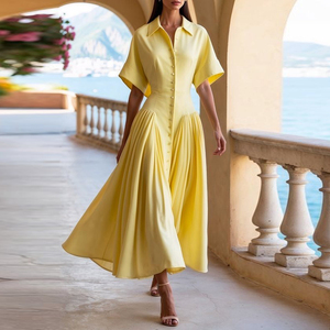 Ampio <span class=keywords><strong>abito</strong></span> <span class=keywords><strong>Midi</strong></span> a maniche corte con Design a pieghe abbottonato tinta unita colletto con risvolto naturale vita-<span class=keywords><strong>abito</strong></span> <span class=keywords><strong>camicia</strong></span> Eco-Friendly - Product Image 1