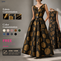 Robe midi décontractée personnalisée pour femme, noire, à imprimé floral doré, col carré, sans manches, avec ceinture à la taille, coupe trapèze, pour soirée