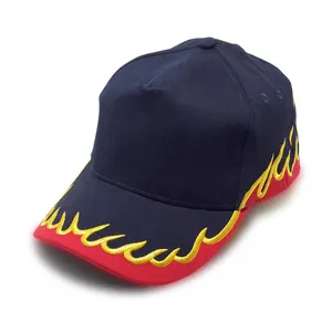 Custom Logo Men's 100% Cotton 6 Panel Embroidered Flame Pattern Stylish Plain Baseball Caps Classic Racing Hat