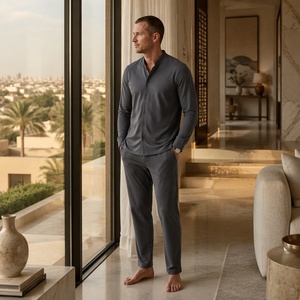 Set <span class=keywords><strong>Pigiama</strong></span> da <span class=keywords><strong>Uomo</strong></span> in Bambù, Maniche Lunghe con <span class=keywords><strong>Bottoni</strong></span>, Colletto Alto, Abbigliamento da Notte in Maglia, Set Loungewear OEM ODM Etichetta Privata per <span class=keywords><strong>Uomo</strong></span> - Product Image 1