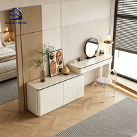 Ensemble de coiffeuse scandinave moderne et minimaliste blanc avec commode à 6 tiroirs et chaise en acrylique pour chambre d'appartement