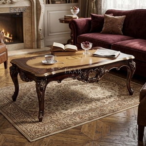 Mesa de Centro Clásica Francesa Rococó EKAR de Madera Tallada con Tapa de Marquetería - Product Image 2
