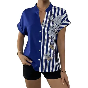 Wholesale Women Short Sleeve Blouse V Neck Button Gauze T Shirts Summer Tunic Tops