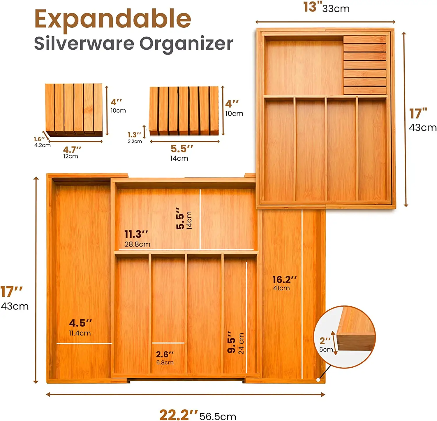 Professional Custom Bamboo Kitchen Organizer Bamboo Expandable Drawer Organizer with Removable Knife Block