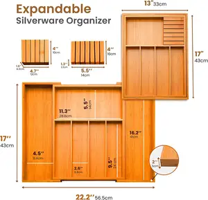 Professionele Aangepaste Bamboe Keuken Organizer Bamboe Uitbreidbare Lade Organizer Met Verwijderbaar Messenblok