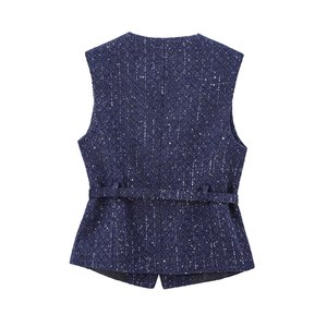 Nouveau <span class=keywords><strong>Gilet</strong></span> <span class=keywords><strong>Femme</strong></span> Rétro Chic 2024, Col Rond Texturé, <span class=keywords><strong>Sans</strong></span> Manches, Ceinture Joker Ornée de Perles, Coupe Slim. - Product Image 2