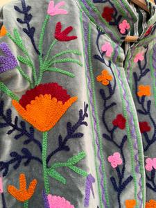 Hand Embroidered <b>Quilted</b> Velvet <b>Jacket</b> Women's Mandarin Collar Full Sleeve Floral <b>Pattern</b> Quick Dry Winter Autumn Wear Single - Product Image 2