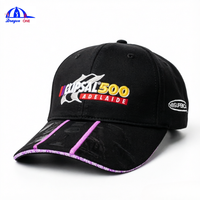 Casquette de baseball de course personnalisée avec broderie 3D, noire, avec visière imprimée par sublimation et passepoil violet, style Dad Hat, souvenir d'événement