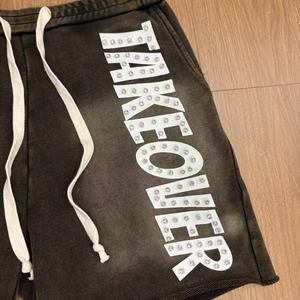 Tùy Chỉnh Người Đàn Ông Của Cổ Điển Mặt Trời-Faded Cán Hem Quần Short 100% Cotton Rắn Mô Hình Giữa Eo Thoáng Khí Dệt Kim Rhinestone Dây Rút - Product Image 5