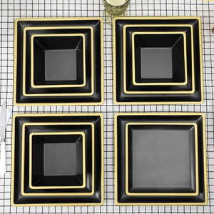 ชุดเครื่อง<span class=keywords><strong>ใช้</strong></span>บนโต๊ะอาหาร<span class=keywords><strong>พลาสติก</strong></span>ทรงสี่เหลี่ยม,<span class=keywords><strong>จาน</strong></span>ของหวานสำหรับปาร์ตี้เมลามีนสีดำพร้อมชุดเครื่อง<span class=keywords><strong>ใช้</strong></span>บนโต๊ะอาหารขอบทอง - Product Image 2