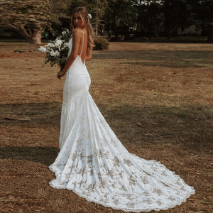 Wedding Dress Mermaid V Neck <b>Lace</b> Backless <b>White</b> Slim Fit For Beach Banquet Evening Gown - Product Image 4