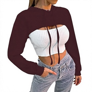 Pull court à capuche pour femme, manches longues, couleur unie, tricoté, vêtement d'automne - Product Image 1