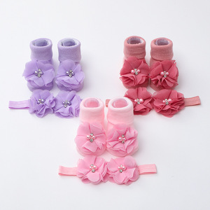 Handmade Pearl Flower <strong>Headband</strong> and Crew Sock Set for <strong>Babies</strong> Pure Color Breathable Knitting Cross-Border Design - Product Image 3