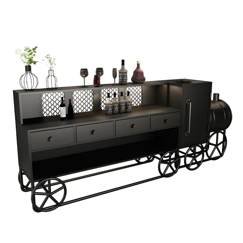 Créatif train style comptoir bar table rustique en métal table de réception pour minibar café industriel de table en bois en métal