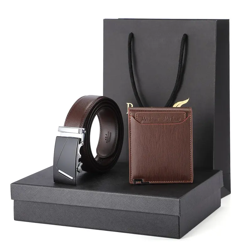 Custom Logo Classical Business Gift leather Men Wallet and Belt with Automatic Buckle Wallet Belt Gift Set
