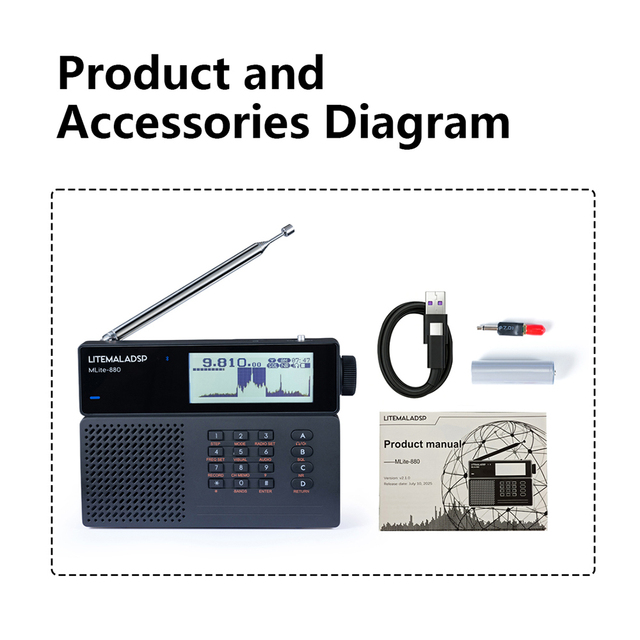 MLite-880 Portable SDR Radio Receiver 130kHz-165MHz Full Band SSB CW AM FM AIR VHF with DSP Spectrum Display Blueteeth Recording