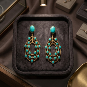 Boucles d'oreilles pendantes squelette en laiton plaqué or et turquoise, style lustre, bijoux de fête pour femme, pièce maîtresse - Product Image 5
