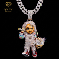 Colgante de Personaje de Muñeca de Terror con Incrustaciones de Moissanita en Plata 925 para Hombre, Estilo Hip Hop, Regalo para Fiestas