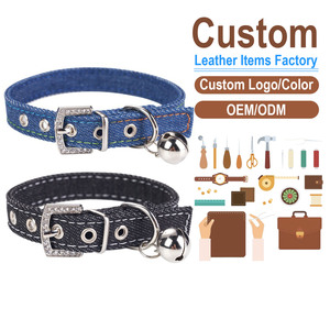Adjustable Leather Denim Pet <b>Collar</b> with Bell Simple Vintage Style Neck Strap for Small Medium Dogs <b>Cats</b> - Product Image 1